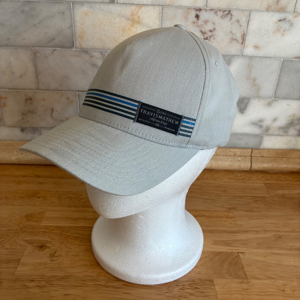 TravisMathew Hat Mens OSFA Grey Blue Striped 110 Flexfit Tech Snapback Cap